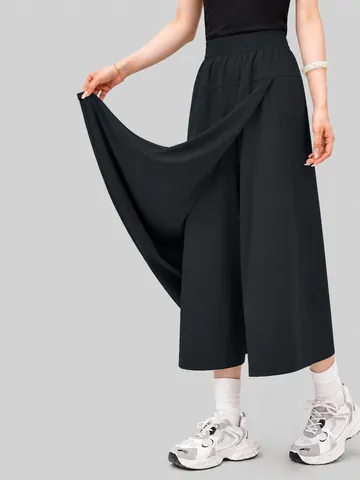 Women Casual High Waist Yamamoto Style Culottes Skort A-Line Loose Elastic Waist Wide Leg Skirt Pants Flowy Bottoms For Spring Autumn