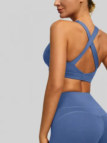 Women High Elastic Nude Feeling Yoga Sports Bra Double Sided Nylon Spandex Cross Back Gym Top With Removable Pads