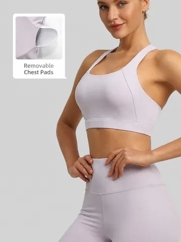 Women High Elastic Nude Feeling Yoga Sports Bra Double Sided Nylon Spandex Cross Back Gym Top With Removable Pads