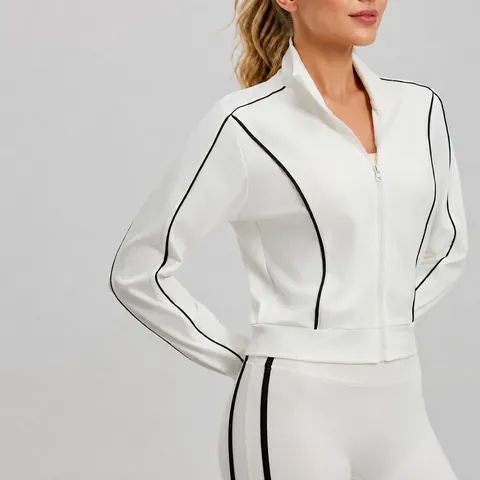 Women Athletic Jacket Polyester Spandex Breathable Contrast Stripe Full Zip Stand Collar Running Fitness Sportswear Top
