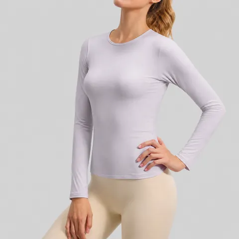 Top da Yoga a Manica Lunga Slim Fit da Donna Effetto Nudo Nylon Spandex Maglia Sportiva Traspirante Pullover Girocollo Activewear
