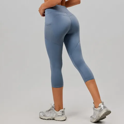 Damen Yoga Caprihose Mit Hoher Taille Und Seitentaschen Bauchkontrolle Po-Lifting Verkürzte Leggings Workout Fitness Bottom
