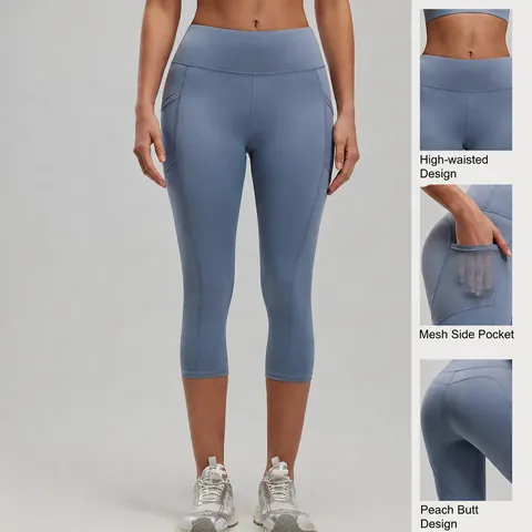 Damen Yoga Caprihose Mit Hoher Taille Und Seitentaschen Bauchkontrolle Po-Lifting Verkürzte Leggings Workout Fitness Bottom