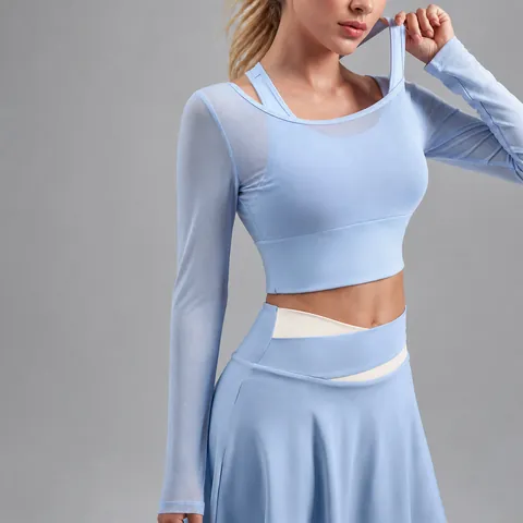Dames Mesh Splicing Gelaagde Look Lange Mouw Yoga Top Ingebouwde BH Ademend Polyester Spandex Hardloop Sport T-Shirt