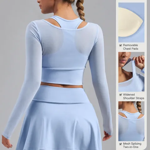 Dames Mesh Splicing Gelaagde Look Lange Mouw Yoga Top Ingebouwde BH Ademend Polyester Spandex Hardloop Sport T-Shirt
