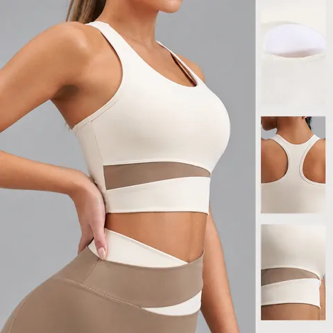 Women High Impact Sports Bra Color Block Racerback Workout Tank Top Breathable Support Gym Yoga Bra Polyester Spandex