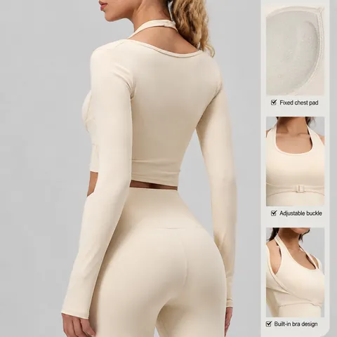 Dames Gelaagde Look Halternek Yogatop Lange Mouw Fitness Shirt Met Ingebouwde Borstkussentjes Duimgaten Polyester Spandex Gym Top