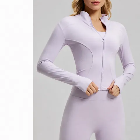 Women Slim Fit Yoga Jacket Long Sleeve Thumb Hole Running Sports Top Polyester Spandex Breathable Zipper Stand Collar Coat