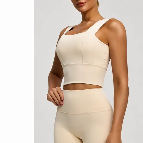 Women Seamless Shockproof Sports Bra Wide Shoulder Straps Square Neck Naked Feel Yoga Running Fitness Athletic Tank Top