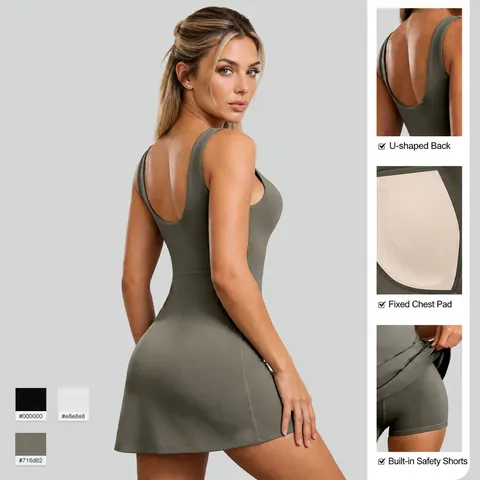 Women's One-Piece Athletic Tennis Dress With Built-in Chest Pads Inner Shorts Slim Fit Backless Sports Skirt For Fitness Yoga