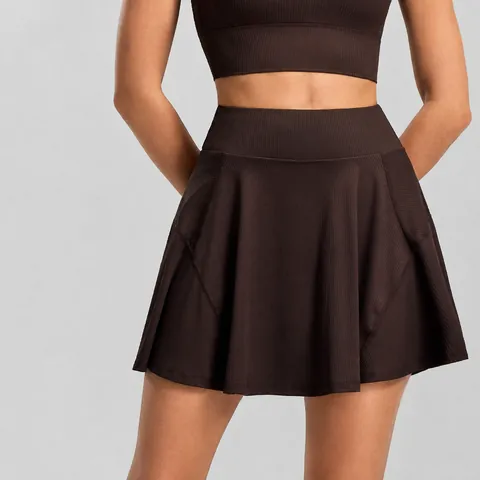 Women High Waist Tennis Skirt Athletic Skort With Inner Pocket Solid Color Ribbed Sport Short Skirt For Yoga Training Running Gym Bottom