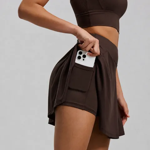 Women High Waist Tennis Skirt Athletic Skort With Inner Pocket Solid Color Ribbed Sport Short Skirt For Yoga Training Running Gym Bottom