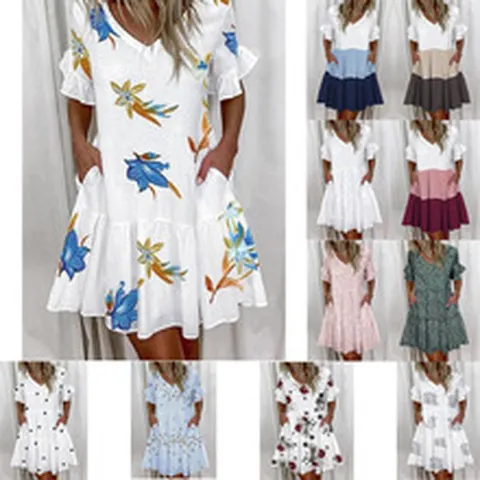 Women Summer V-Neck Printed Midi Dress Casual Loose A-Line Swing Dress With Pockets Short Sleeve Printed Sundress Top And Bottom