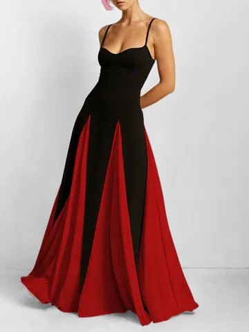 Women Mercerized Cotton Blend Colorblock Maxi Dress Slim Fit Large Hem Contrast Patchwork Straps Long Sleeve Elegant Vacation Dress