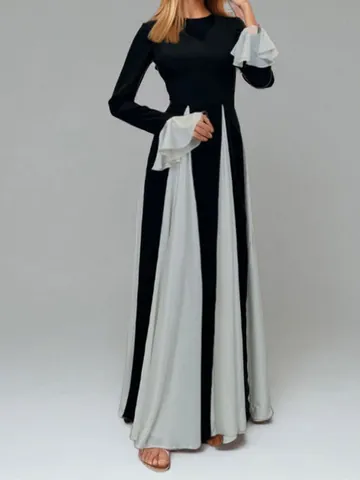Women Mercerized Cotton Blend Colorblock Maxi Dress Slim Fit Large Hem Contrast Patchwork Straps Long Sleeve Elegant Vacation Dress
