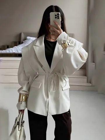 Women Casual V Neck Belted Blazer Jacket Elegant Slimming Tie Waist Long Sleeve Fashion Cardigan Outerwear Top