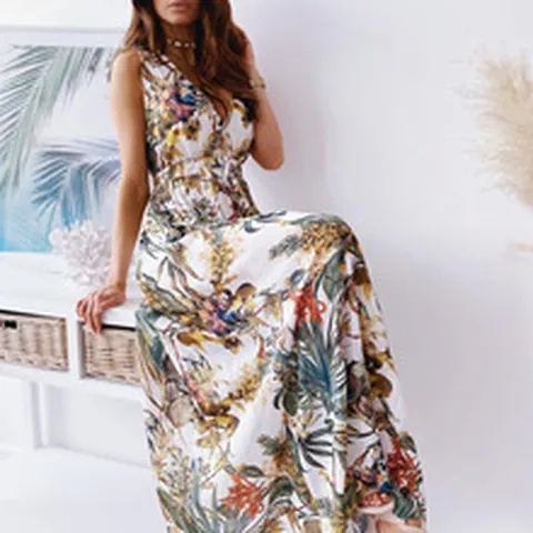 Women Boho Floral Print V Neck Sleeveless Maxi Dress Backless Tie Up Summer Beach Vacation Long Top Dress