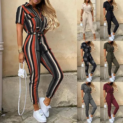 Women Casual Short Sleeve Cargo Jumpsuit With Belt Lapel Button Down Printed V-Neck Long Romper Pants Elegant Streetwear Jumpsuit