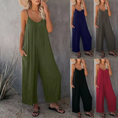 Damen Lässig Einfarbig Ärmellos Jumpsuit V-Ausschnitt Träger Weites Bein Jumpsuit Mit Taschen Locker Sommer Jumpsuit