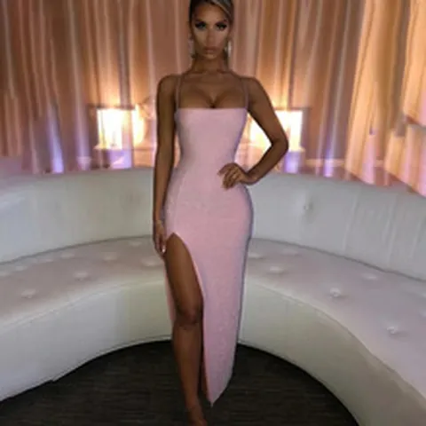 Damen Sexy Rückenfreies Neckholder Kleid Carré-Ausschnitt Einfarbig Bodycon Glitzer Metallic-Garn Schlitz Maxi Kleid Top And Bottom Party