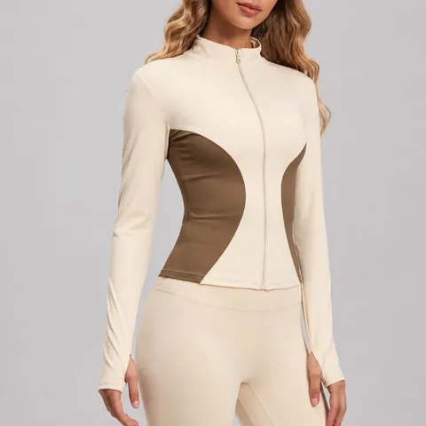 Women Slim Fit Color Block Sports Jacket Polyester Spandex High Stretch Yoga Jacket With Thumb Holes Stand Collar Activewear Top