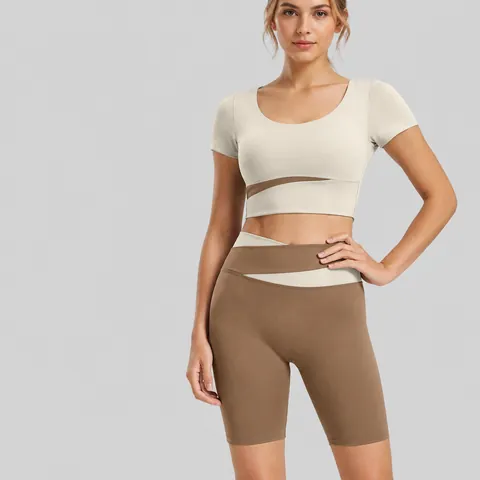 Damen Farbblock Yoga Set Kurzarm Crop Top Hohe Taille Patchwork Shorts Fitness Workout Sportbekleidung Oben Und Unten Outfit