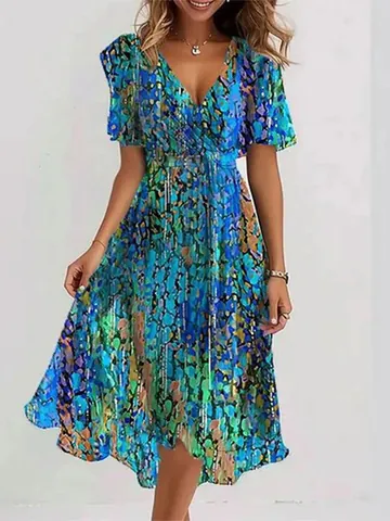 Women Floral Print Midi Dress V Neck Short Sleeve Loose Casual Elegant Summer Beach Vacation A Line Pullover Dress