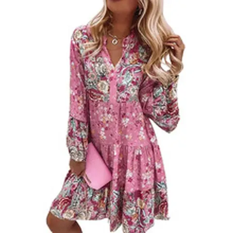 Damen Boho Blumen Paisley Druck V-Ausschnitt Langarm Gestuftes Rüschenkleid Lässig Lose Hohe Taille A-Linie Mini Urlaubskleid