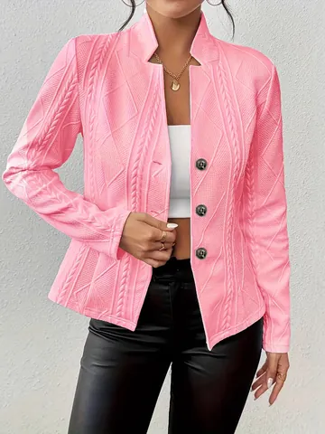 Women Polyester Jacquard Blazer Jacket Cable Knit Pattern Slim Fit Long Sleeve Button Up Top For Office Work Daily Wear