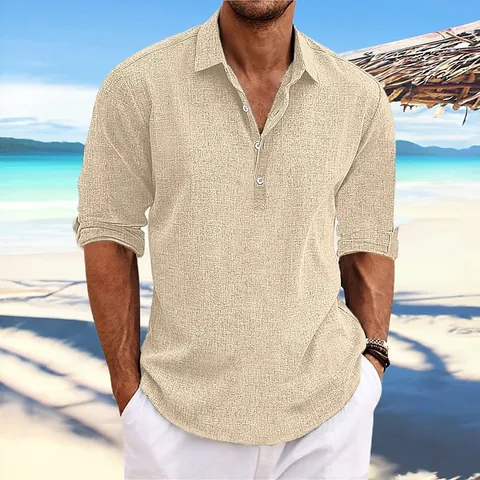 Men Casual Cotton Blend Long Sleeve Shirt Solid Color Henley Neck Breathable Beach Vacation Fashion Top For Men Soft Shirt