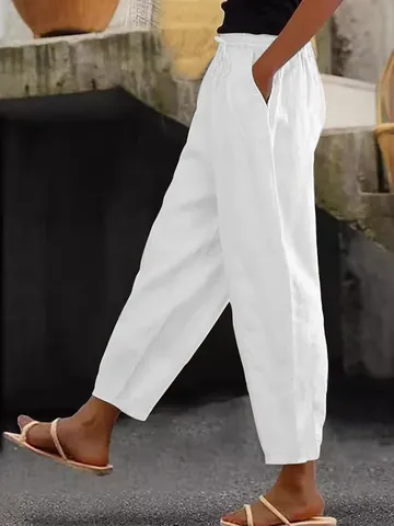 Women's Linen Blend Casual Pants Solid Color Elastic Waist Drawstring Trousers Loose Wide Leg Bottoms With Side Pockets