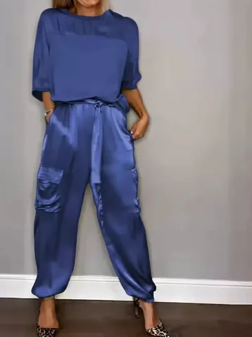 Women's Casual Solid Color Satin Two-Piece Set Half Sleeve Top And Cargo Pants Commuter Outfit Commuter Intellectual Outfit