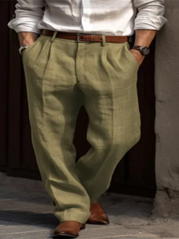 Men Casual Linen Blend Pants Pleated Front Straight Leg Solid Color Comfortable Breathable Trousers For Vacation Daily Wear