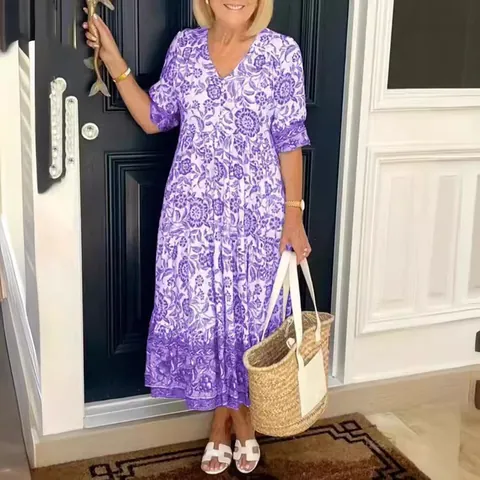 Women's Elegant V-Neck Floral Print Maxi Dress Loose Casual Short Sleeve Polyester Summer Boho Beach Dress