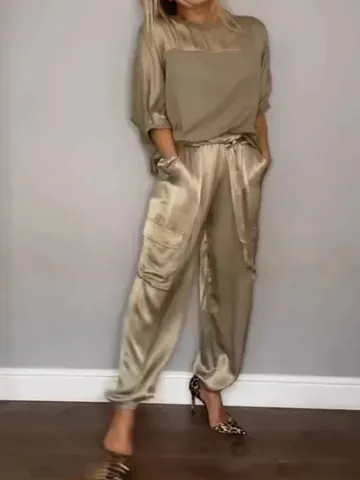 Women's Casual Solid Color Satin Two-Piece Set Half Sleeve Top And Cargo Pants Commuter Outfit Commuter Intellectual Outfit