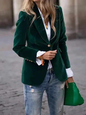 Women's Slim Fit Polyester Velvet Blazer Jacket Notch Lapel Single Button Elegant Long Sleeve Business Casual Top