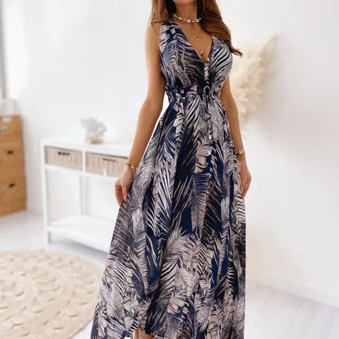 Women Boho Floral Print V Neck Sleeveless Maxi Dress Backless Tie Up Summer Beach Vacation Long Top Dress