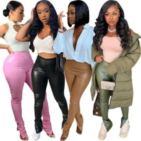 Women Sexy Mid Waist PU Leather Pants Slim Fit Split Hem Stretch Pencil Trousers Solid Color Faux Leather Leggings For Party Club