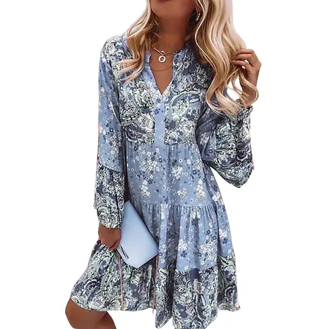 Damen Boho Blumen Paisley Druck V-Ausschnitt Langarm Gestuftes Rüschenkleid Lässig Lose Hohe Taille A-Linie Mini Urlaubskleid