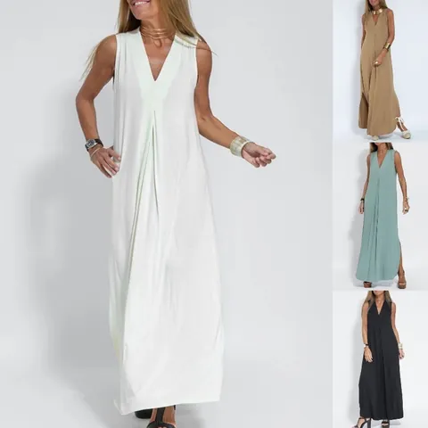 Women's Casual Sleeveless V-Neck Maxi Dress Solid Color Pleated Polyester Long Cardigan Jacket Set For Summer Outing