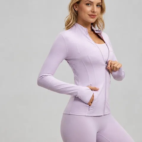 Women Slim Fit Yoga Jacket Stand Collar Spliced Sports Coat with Thumbholes Full Zip Breathable Fitness Activewear Top