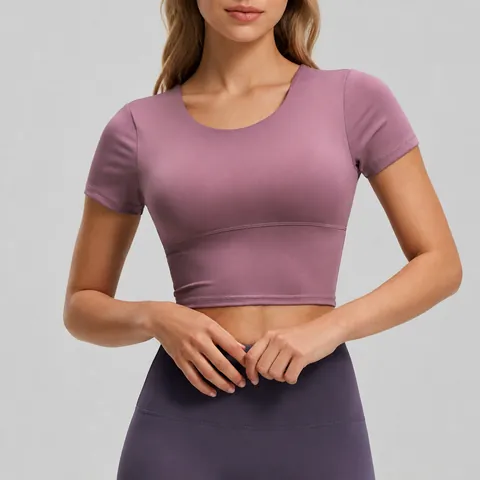 Damen Yoga-Oberteil Mit Überkreuztem Rücken Und Integrierten Brustpolstern Kurzarm Slim Fit Crop Top Sportoberteil Polyester