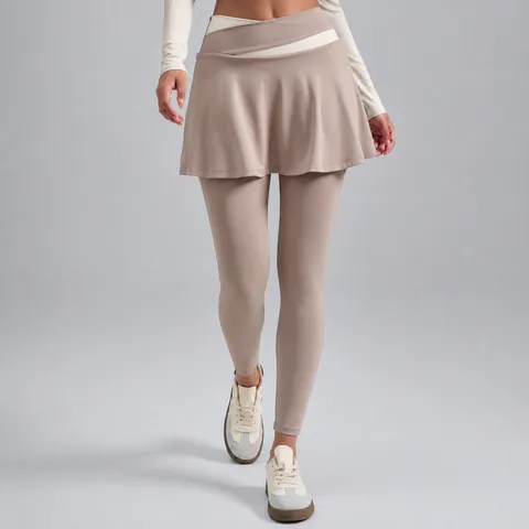Leggings con Gonnellino da Yoga da Donna a Vita Alta Finto Due Pezzi a Blocchi di Colore Pantaloni da Fitness e Corsa