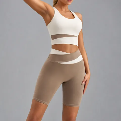 Women Color-block Sports Yoga Set Polyester Spandex Sleeveless Top And Bottom High Waist Biker Shorts Workout Fitness Wear