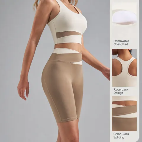 Women Color-block Sports Yoga Set Polyester Spandex Sleeveless Top And Bottom High Waist Biker Shorts Workout Fitness Wear