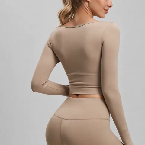 Women Long Sleeve Yoga Top Slim Fit Crop Top With Built-in Chest Pads Cross V-Neck Athletic T-Shirt For Running Fitness Workout