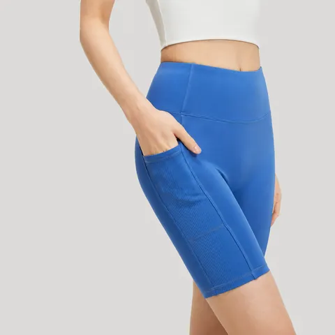 Women High Waist Striped Pocket Yoga Shorts Tummy Control Butt Lifting Running Athletic Compression Workout Biker Bottom