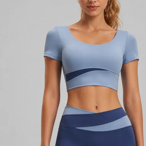 Women Slim Fit Color-Block Yoga Top With Built-In Chest Pads Naked Feel Short Sleeve Athletic Gym Running Workout Shirt