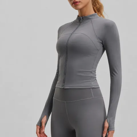 Women Slim Fit Yoga Top Jacket Long Sleeve With Thumbholes Stand Collar Zipper Activewear Sports Running Fitness Jacket