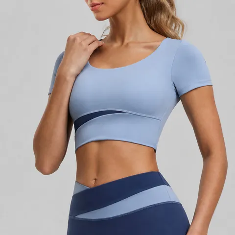 Women Slim Fit Color-Block Yoga Top With Built-In Chest Pads Naked Feel Short Sleeve Athletic Gym Running Workout Shirt